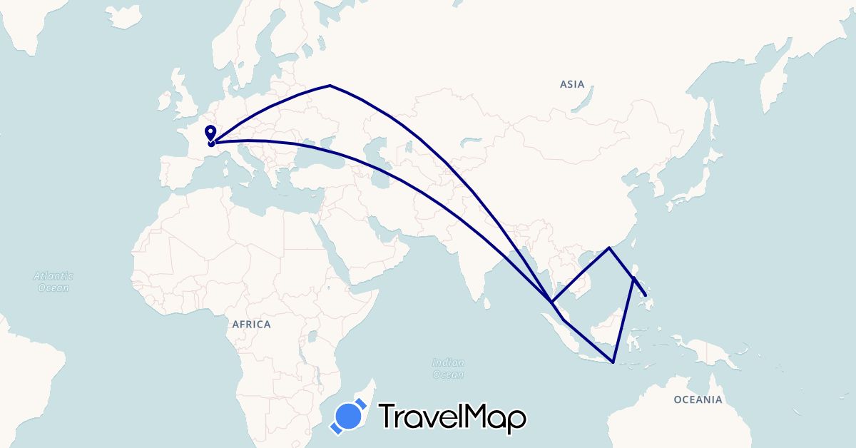 TravelMap itinerary: driving in China, France, Indonesia, Malaysia, Philippines, Russia, Thailand (Asia, Europe)